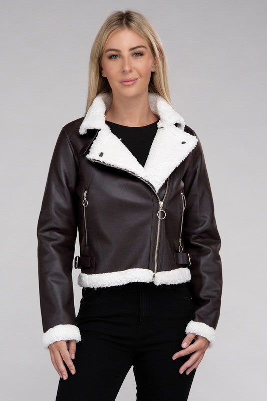 Plush Teddy Trimmed PU Jacket -  - Wild Willows Boutique - Massapequa, NY, affordable and fashionable clothing for women of all ages. Bottoms, tops, dresses, intimates, outerwear, sweater, shoes, accessories, jewelry, active wear, and more // Wild Willow Boutique.