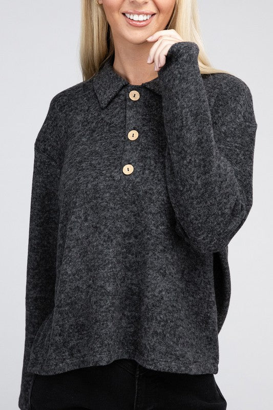 Brushed Melange Hacci Collared Sweater -  - Wild Willows Boutique - Massapequa, NY, affordable and fashionable clothing for women of all ages. Bottoms, tops, dresses, intimates, outerwear, sweater, shoes, accessories, jewelry, active wear, and more // Wild Willow Boutique.