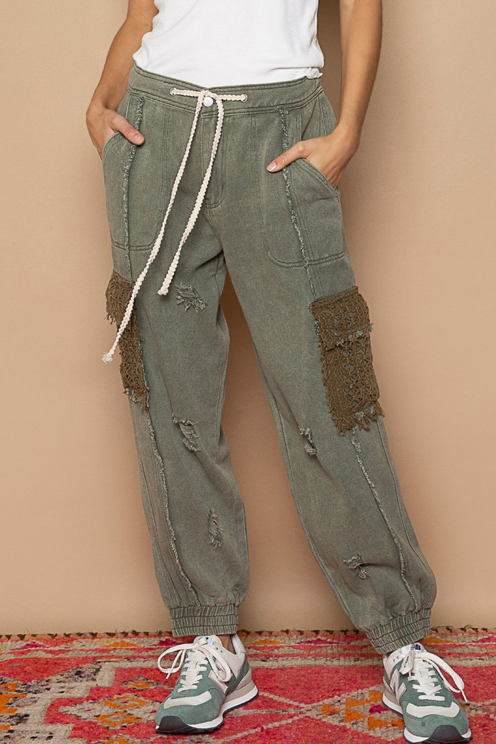 Paul distressed cargo denim jogger with crocheted pockets – Wild Willows Boutique NY – Massapequa, New York. Affordable and fashionable clothing for women of all ages. Bottoms, tops, dresses, intimates, outerwear, sweaters, shoes, accessories, jewelry, activewear and more//wild Willow Boutique