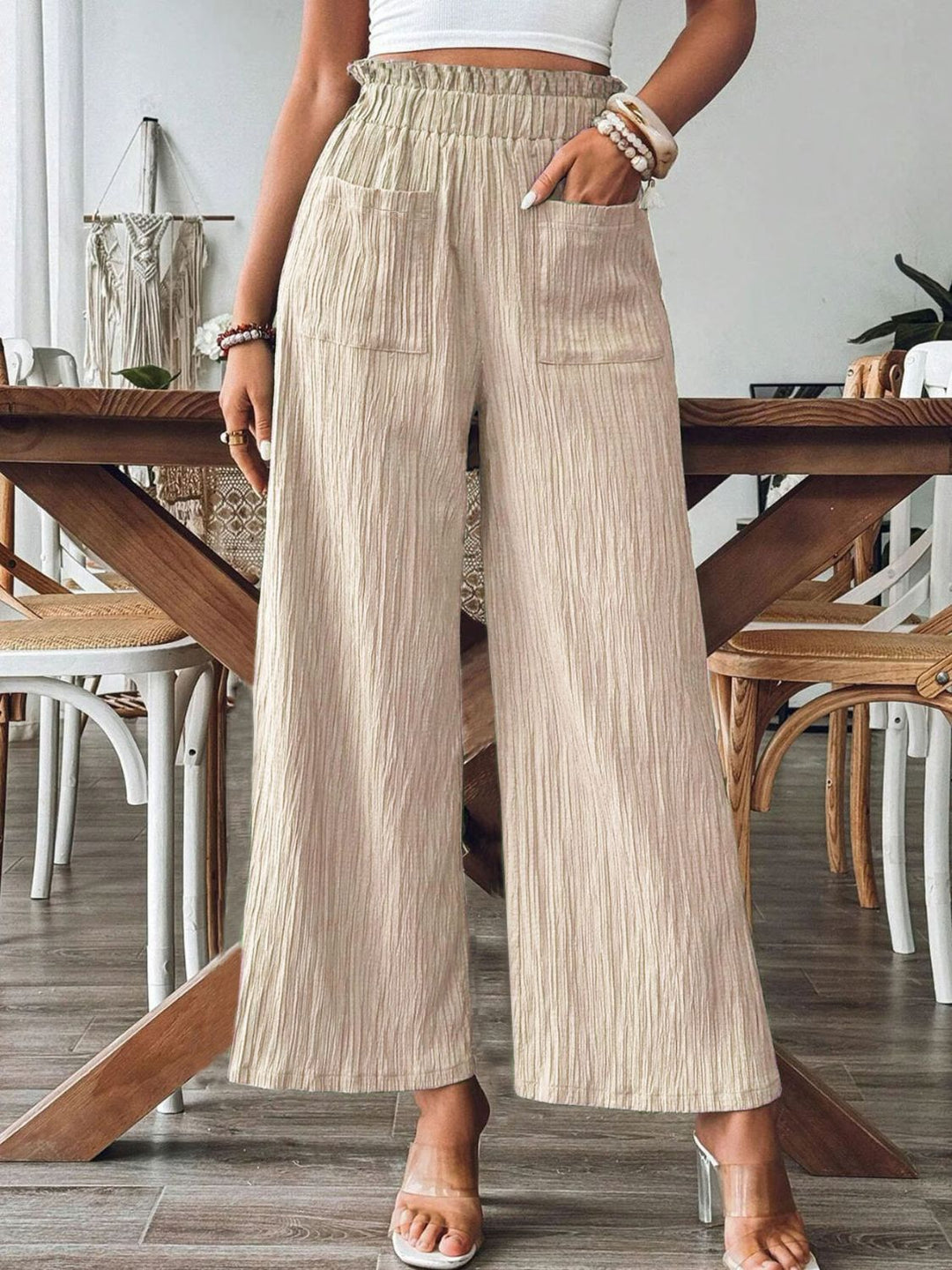 Pocketed Elastic Waist Wide Leg Pants