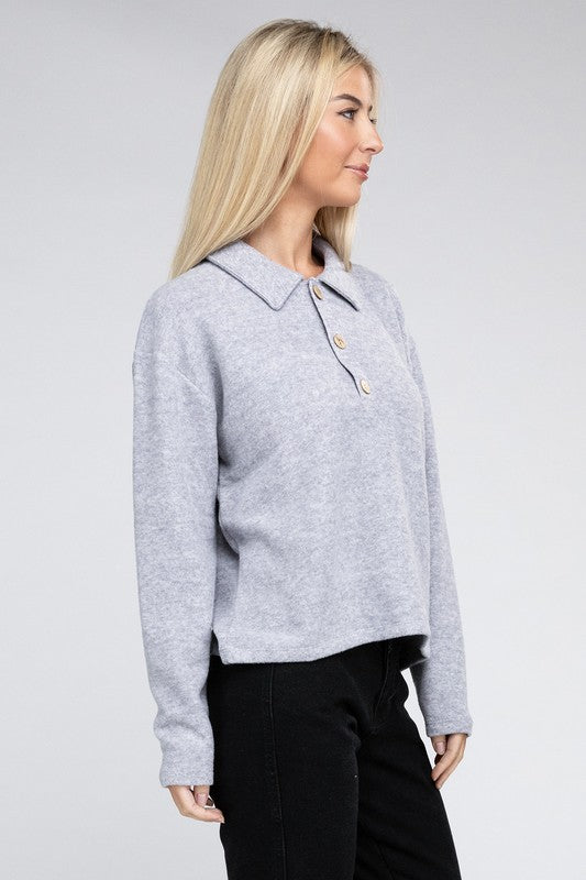 Brushed Melange Hacci Collared Sweater -  - Wild Willows Boutique - Massapequa, NY, affordable and fashionable clothing for women of all ages. Bottoms, tops, dresses, intimates, outerwear, sweater, shoes, accessories, jewelry, active wear, and more // Wild Willow Boutique.