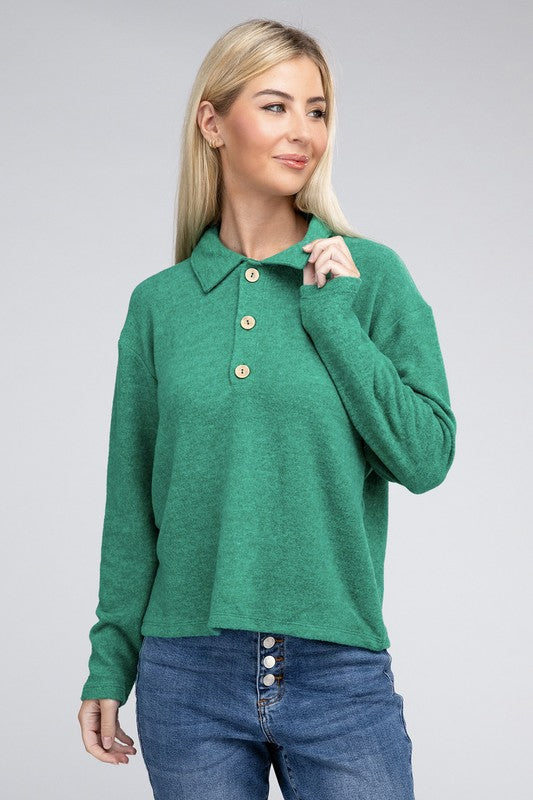 Brushed Melange Hacci Collared Sweater -  - Wild Willows Boutique - Massapequa, NY, affordable and fashionable clothing for women of all ages. Bottoms, tops, dresses, intimates, outerwear, sweater, shoes, accessories, jewelry, active wear, and more // Wild Willow Boutique.