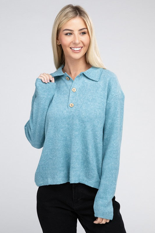 Brushed Melange Hacci Collared Sweater -  - Wild Willows Boutique - Massapequa, NY, affordable and fashionable clothing for women of all ages. Bottoms, tops, dresses, intimates, outerwear, sweater, shoes, accessories, jewelry, active wear, and more // Wild Willow Boutique.