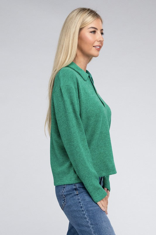 Brushed Melange Hacci Collared Sweater -  - Wild Willows Boutique - Massapequa, NY, affordable and fashionable clothing for women of all ages. Bottoms, tops, dresses, intimates, outerwear, sweater, shoes, accessories, jewelry, active wear, and more // Wild Willow Boutique.