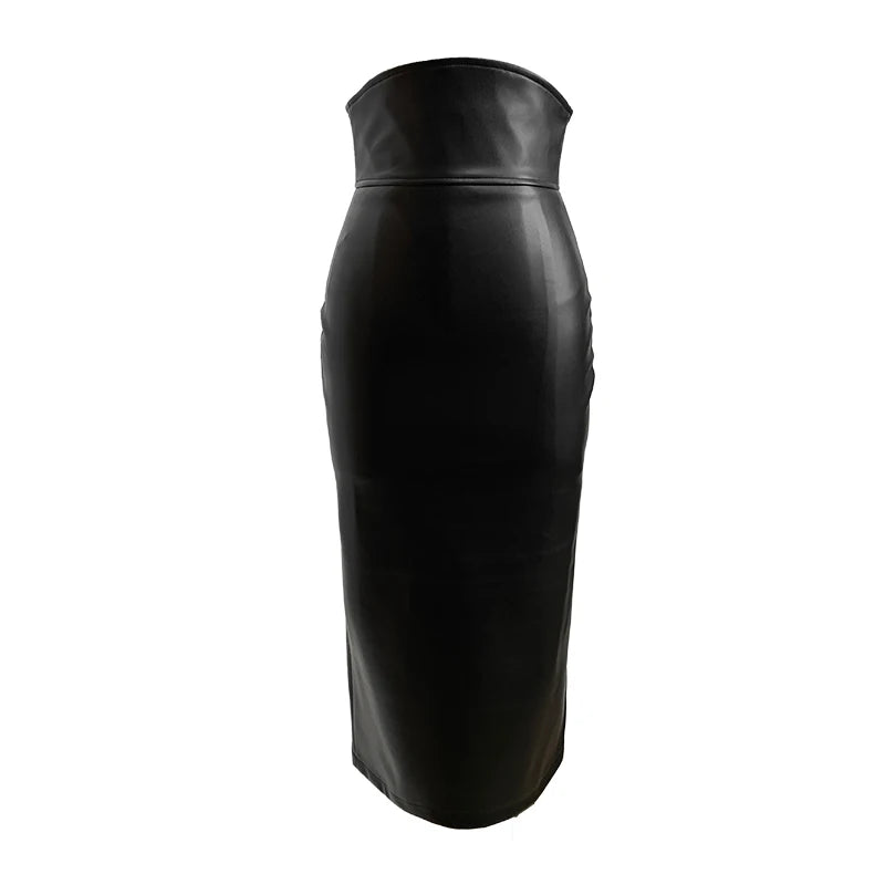 High Waist Faux Leather Midi Pencil Skirt