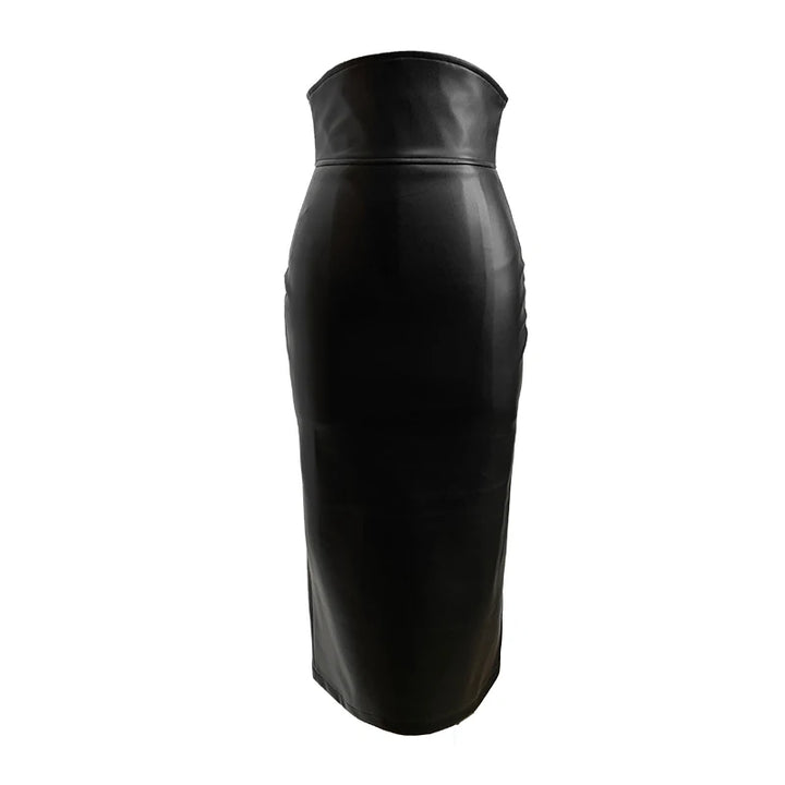 High Waist Faux Leather Midi Pencil Skirt