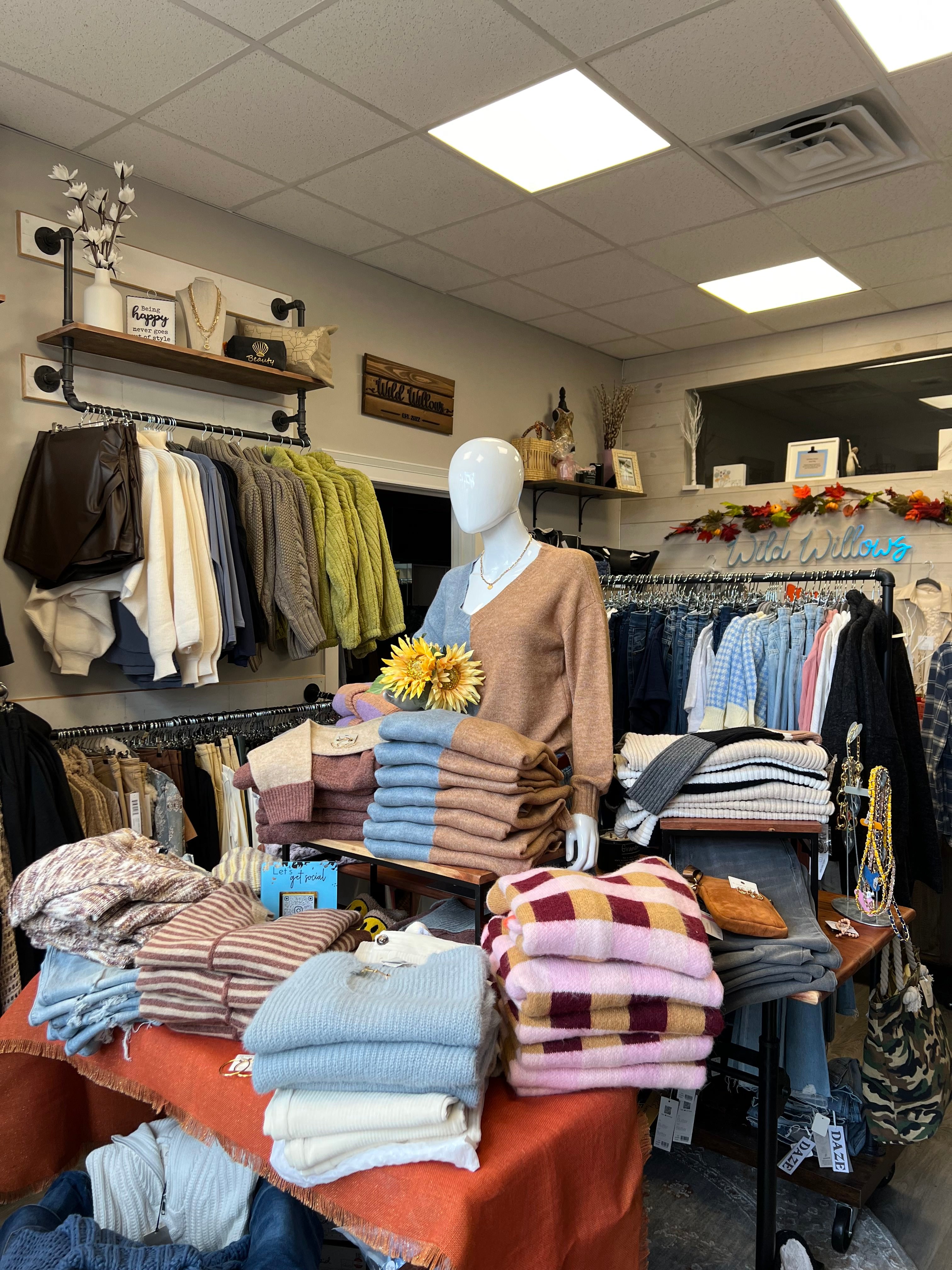 Wild Willows Boutique - Massapequa, NY, affordable and fashionable clothing for women of all ages. Bottoms, tops, dresses, intimates, outerwear, sweater, shoes, accessories, jewelry, active wear, and more.