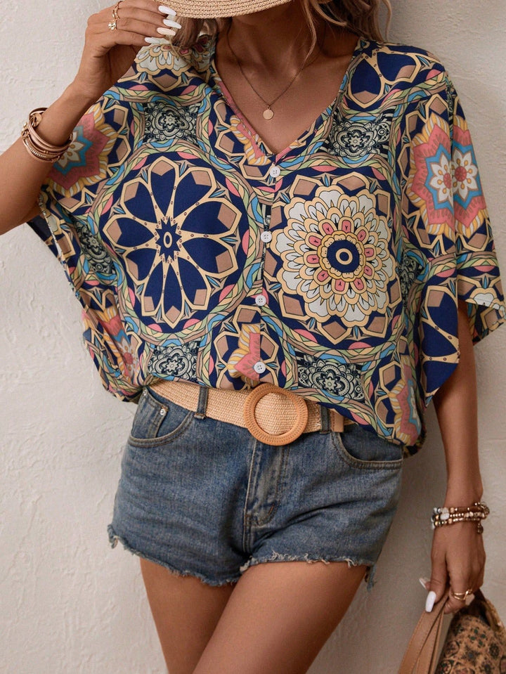 Miss Sparkling  Boho Print V-Neck Short Sleeve Top