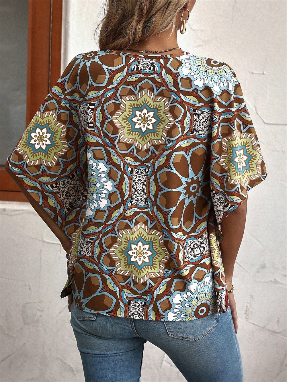 Miss Sparkling  Boho Print V-Neck Short Sleeve Top