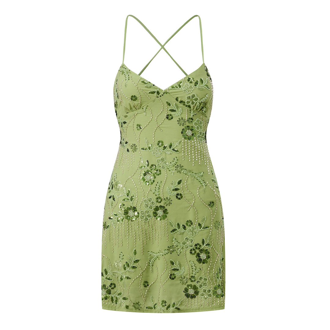 Floral Sequins Pearl Beaded Embellished Slip Dress