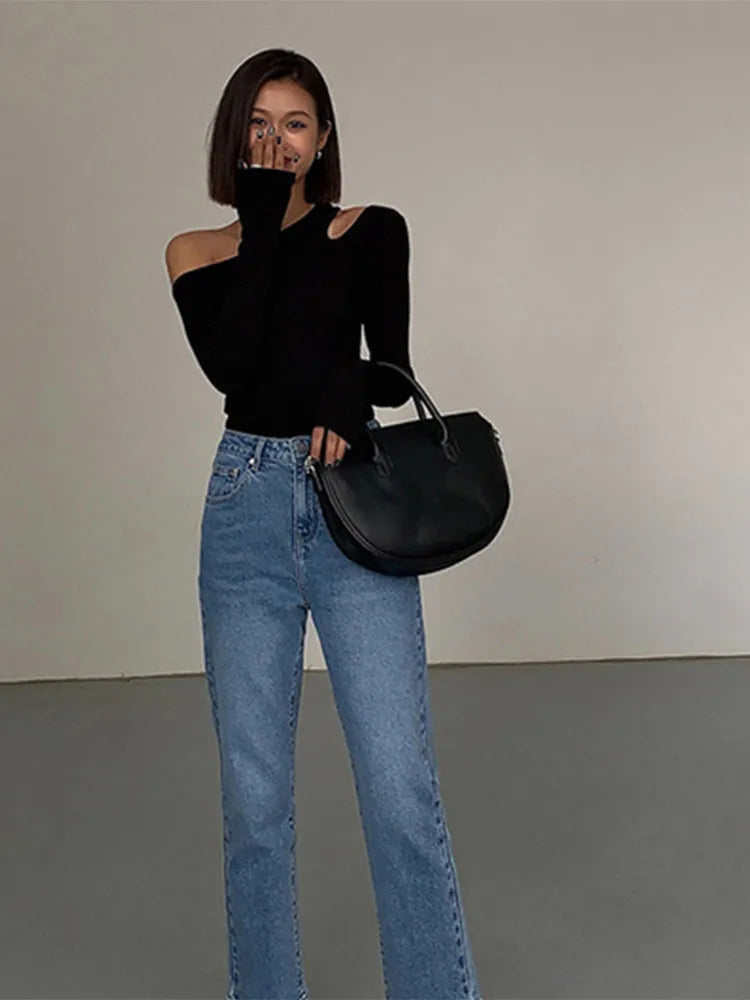 Fashion Skew Collar Off-Shoulder Long-Sleeved T-Shirts