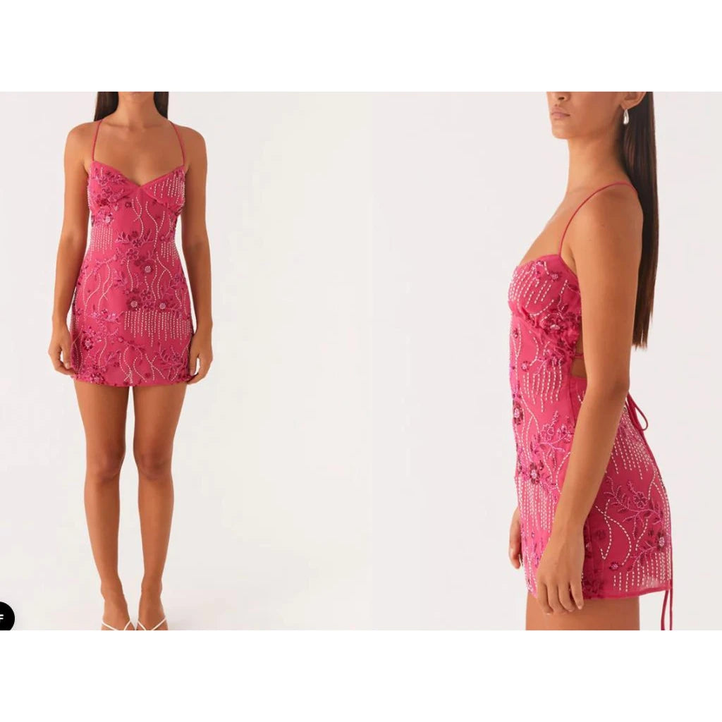 Floral Sequins Pearl Beaded Embellished Slip Dress