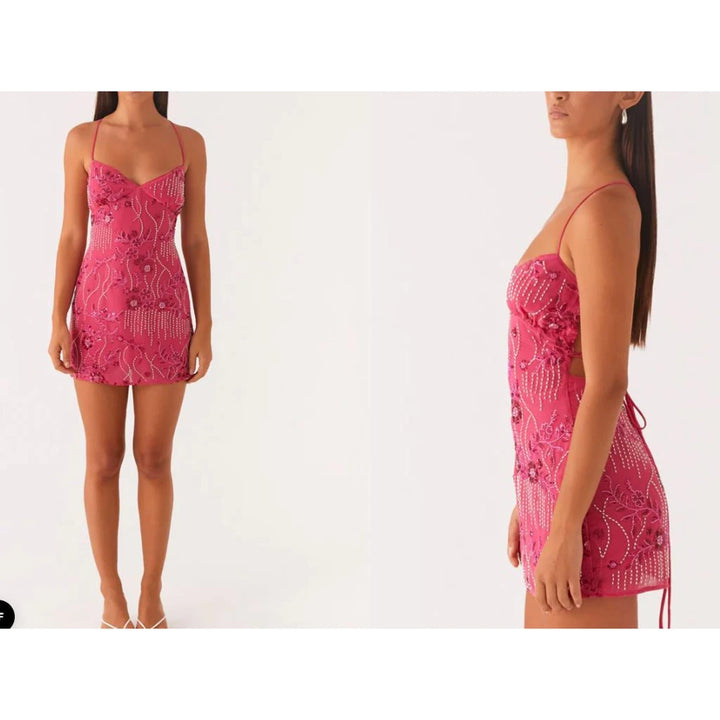 Floral Sequins Pearl Beaded Embellished Slip Dress