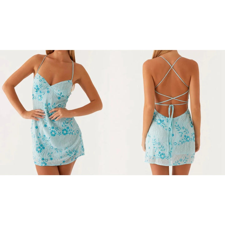Floral Sequins Pearl Beaded Embellished Slip Dress