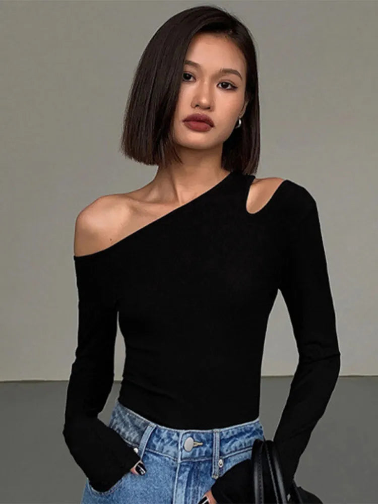 Fashion Skew Collar Off-Shoulder Long-Sleeved T-Shirts