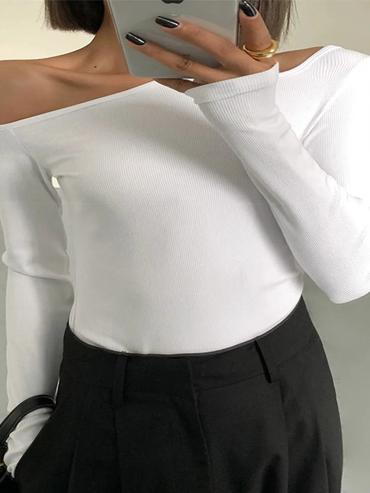 Fashion Skew Collar Off-Shoulder Long-Sleeved T-Shirts