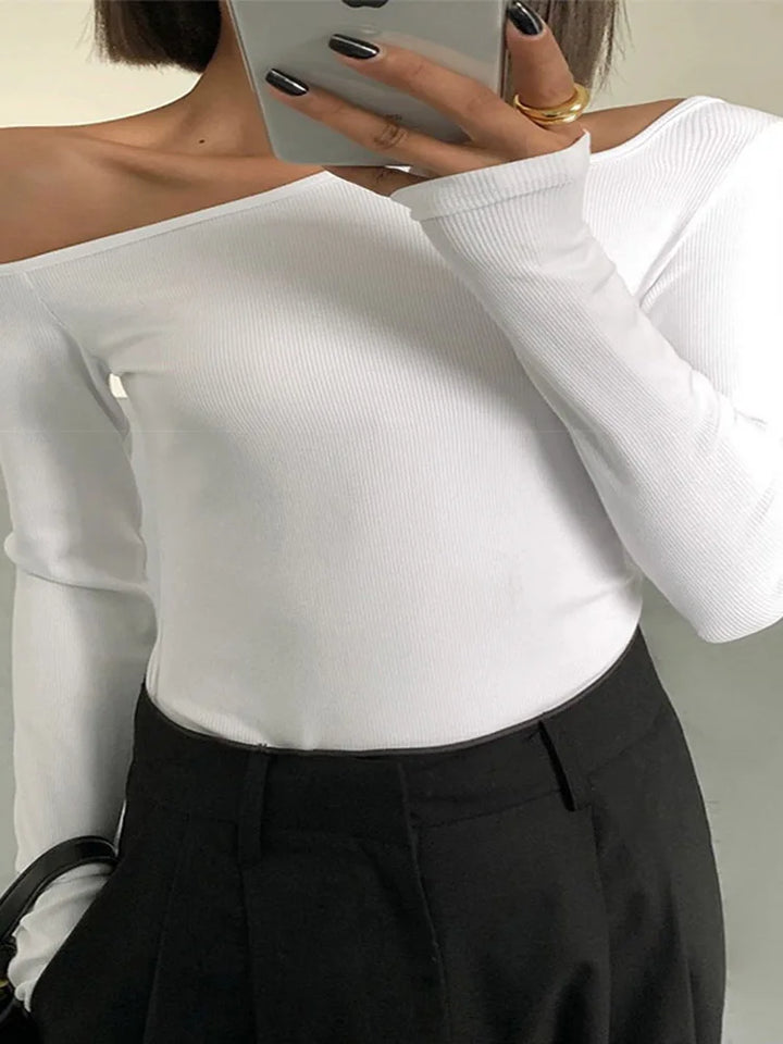 Fashion Skew Collar Off-Shoulder Long-Sleeved T-Shirts