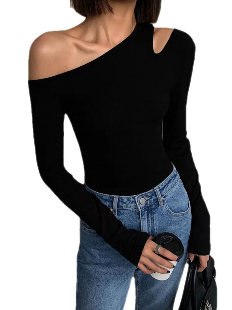 Fashion Skew Collar Off-Shoulder Long-Sleeved T-Shirts