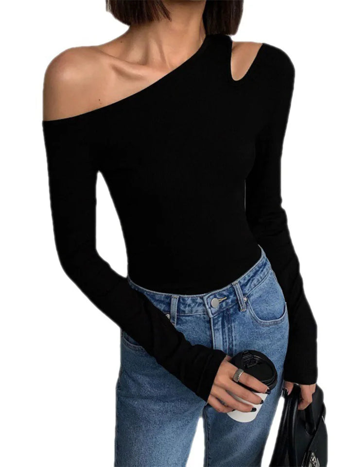 Fashion Skew Collar Off-Shoulder Long-Sleeved T-Shirts