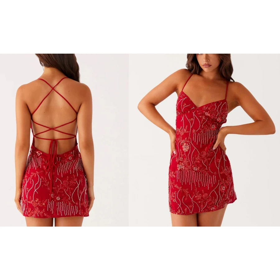 Floral Sequins Pearl Beaded Embellished Slip Dress