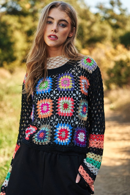Floral Crochet Striped Sleeve Cropped Knit Sweater – Wild