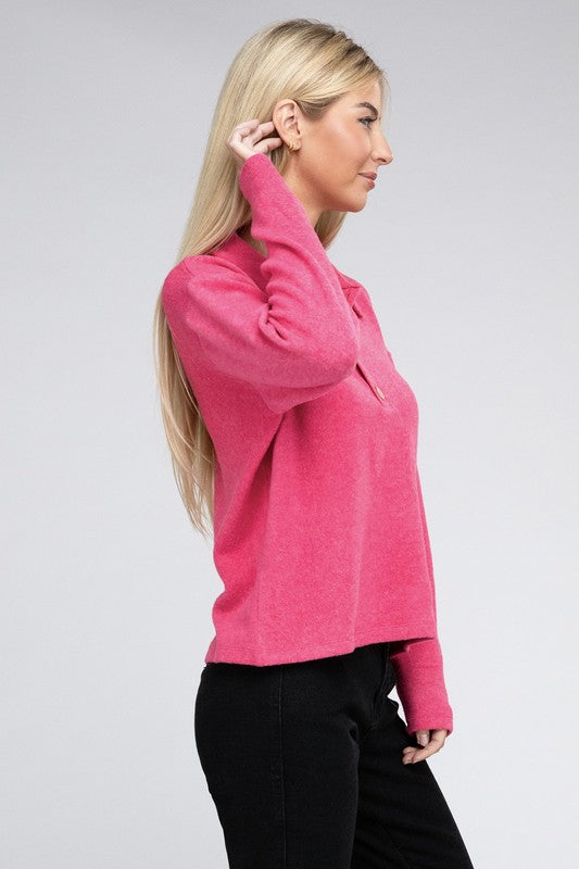 Brushed Melange Hacci Collared Sweater -  - Wild Willows Boutique - Massapequa, NY, affordable and fashionable clothing for women of all ages. Bottoms, tops, dresses, intimates, outerwear, sweater, shoes, accessories, jewelry, active wear, and more // Wild Willow Boutique.