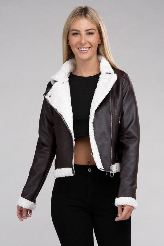 Plush Teddy Trimmed PU Jacket -  - Wild Willows Boutique - Massapequa, NY, affordable and fashionable clothing for women of all ages. Bottoms, tops, dresses, intimates, outerwear, sweater, shoes, accessories, jewelry, active wear, and more // Wild Willow Boutique.