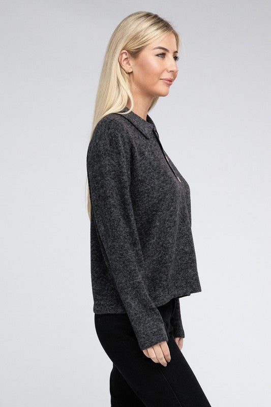 Brushed Melange Hacci Collared Sweater -  - Wild Willows Boutique - Massapequa, NY, affordable and fashionable clothing for women of all ages. Bottoms, tops, dresses, intimates, outerwear, sweater, shoes, accessories, jewelry, active wear, and more // Wild Willow Boutique.