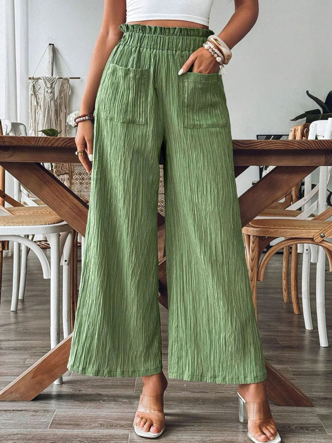 Pocket elastic waist wide leg pants – Wild Willows Boutique NY – Massapequa, New York. Affordable and fashionable clothing for women of all ages. Bottoms, tops, dresses, intimates, outerwear, sweaters, shoes, accessories, jewelry, activewear and more//wild Willow Boutique