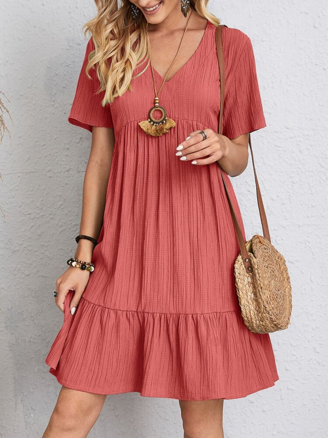 Full-size V-neck short sleeve dress – Wild Willows Boutique NY – Massapequa, New York. Affordable and fashionable clothing for women of all ages. Bottoms, tops, dresses, intimates, outerwear, sweaters, shoes, accessories, jewelry, activewear and more//wild Willow Boutique