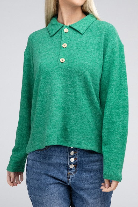 Brushed Melange Hacci Collared Sweater -  - Wild Willows Boutique - Massapequa, NY, affordable and fashionable clothing for women of all ages. Bottoms, tops, dresses, intimates, outerwear, sweater, shoes, accessories, jewelry, active wear, and more // Wild Willow Boutique.