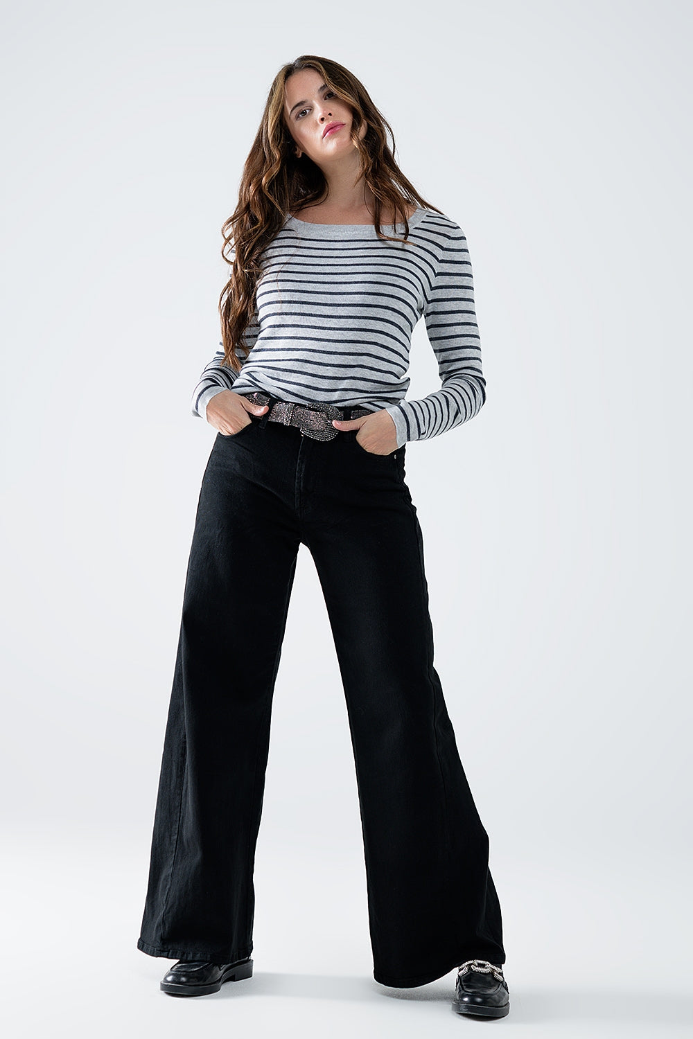 Grey Striped Fine Knit Sweater