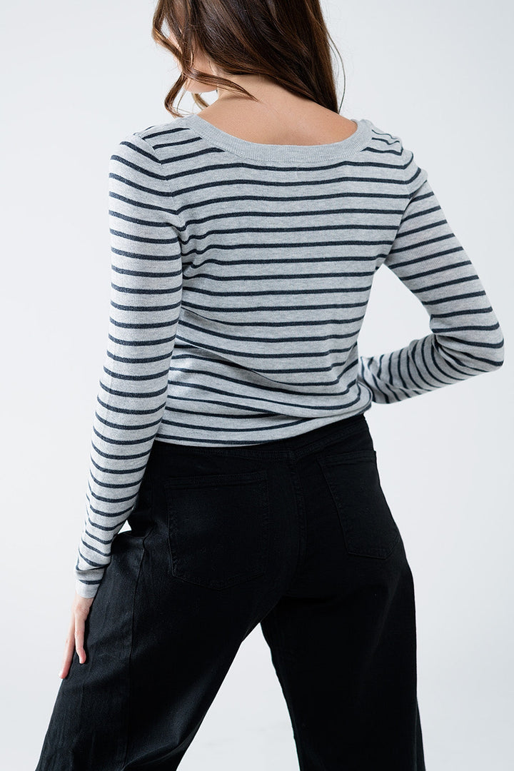 Grey Striped Fine Knit Sweater