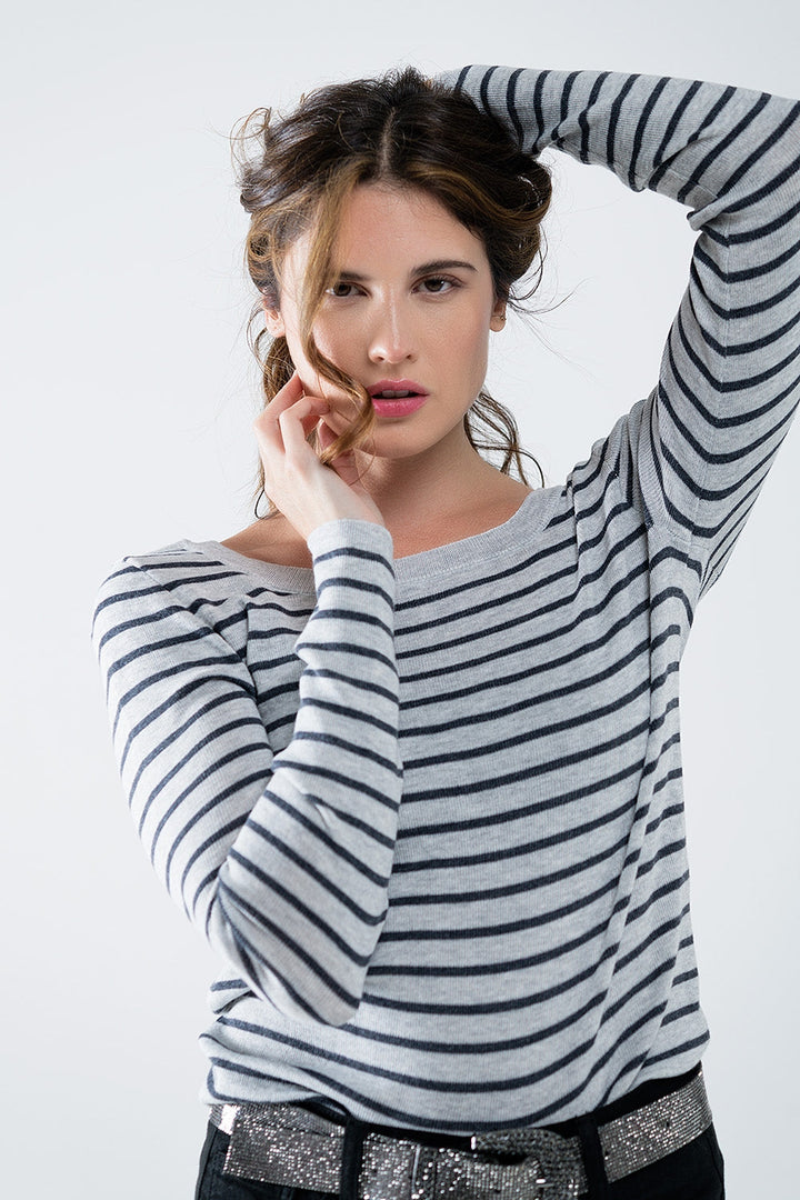 Grey Striped Fine Knit Sweater