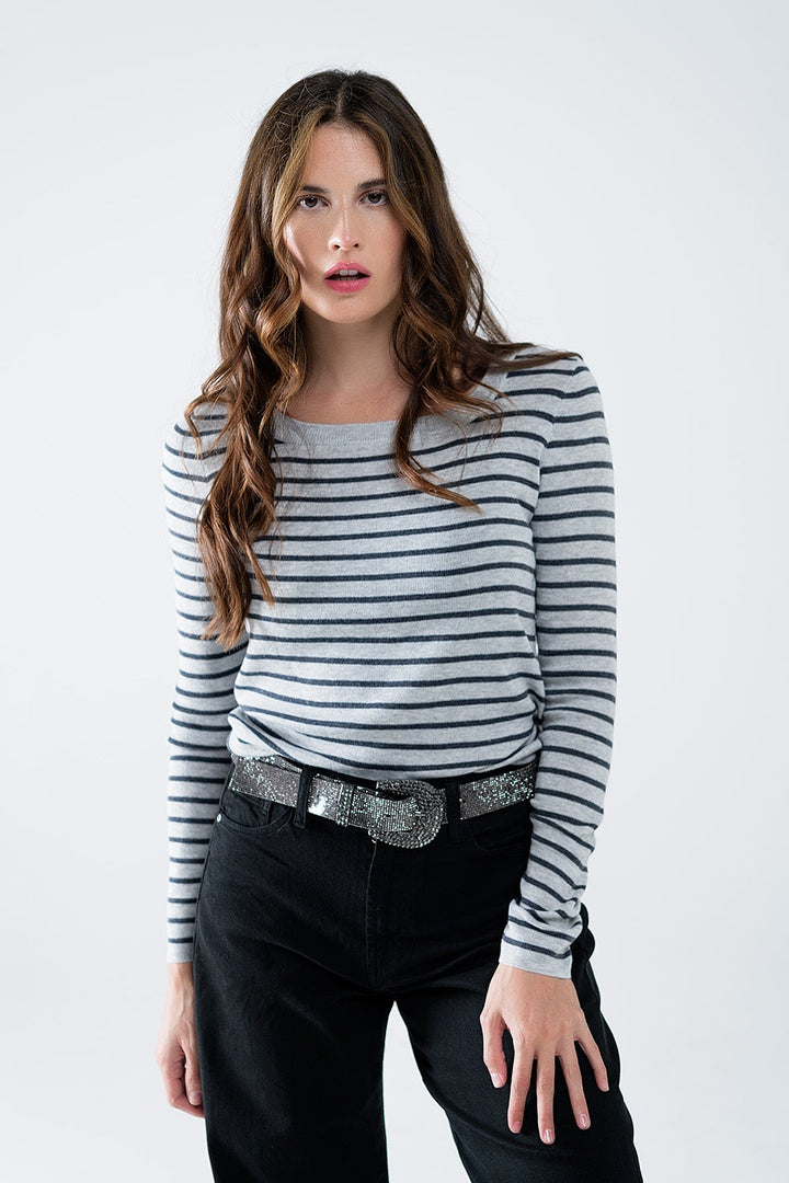 Grey Striped Fine Knit Sweater