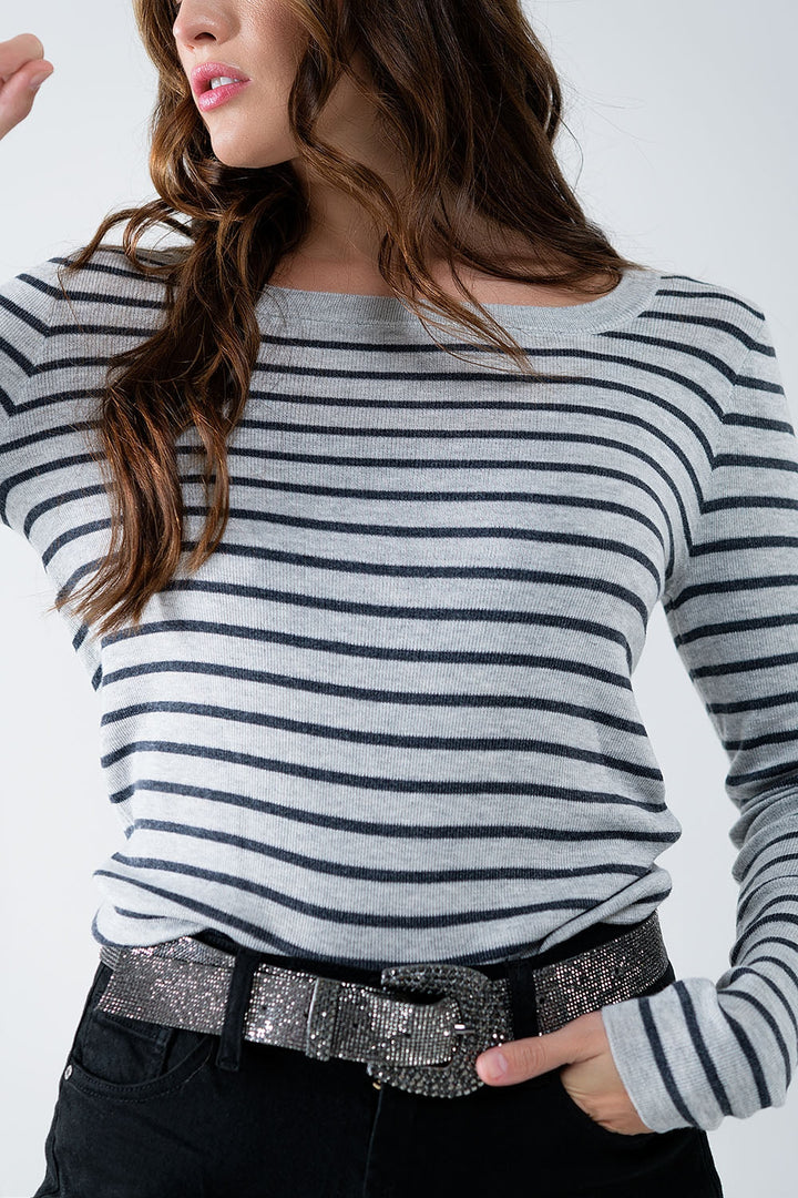 Grey Striped Fine Knit Sweater
