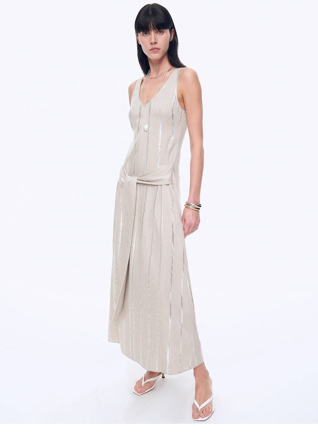Silver Striped Linen V-Neck Drape Dress"Milan Holiday"