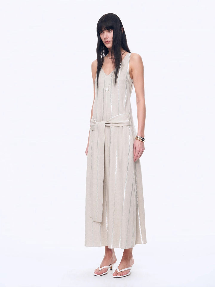 Silver Striped Linen V-Neck Drape Dress"Milan Holiday"