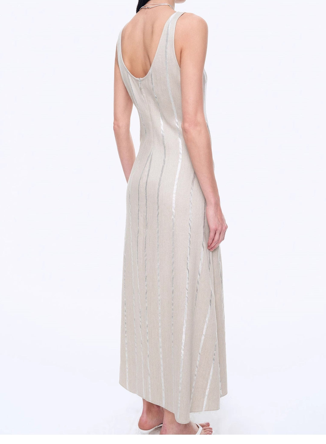 Silver Striped Linen V-Neck Drape Dress"Milan Holiday"