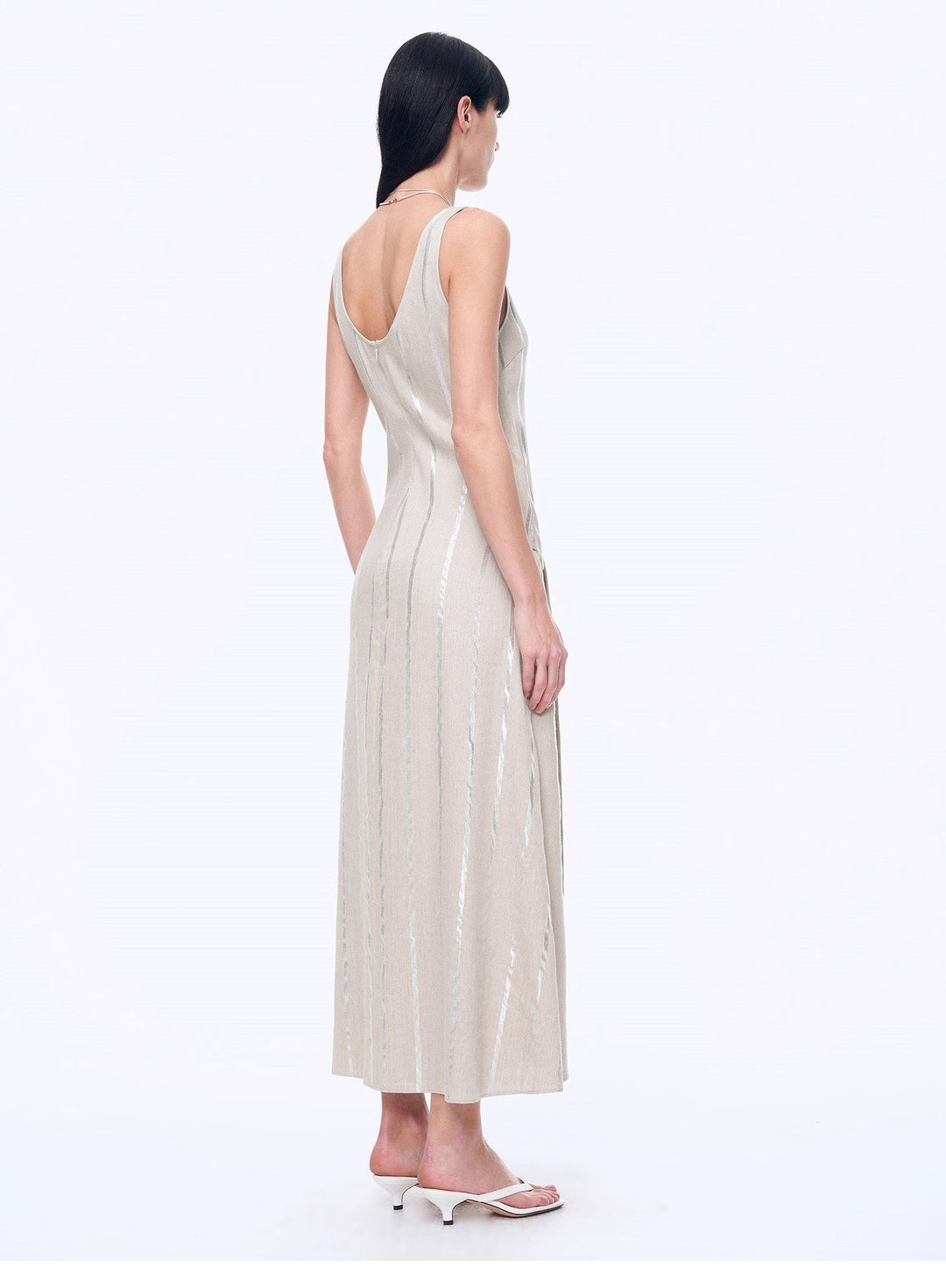 Silver Striped Linen V-Neck Drape Dress"Milan Holiday"