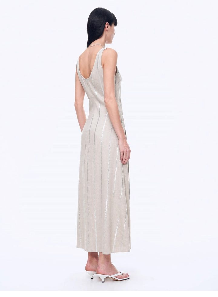 Silver Striped Linen V-Neck Drape Dress"Milan Holiday"
