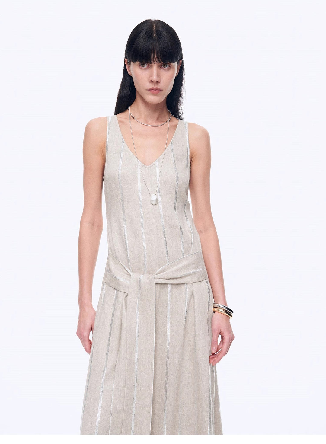 Silver Striped Linen V-Neck Drape Dress"Milan Holiday"
