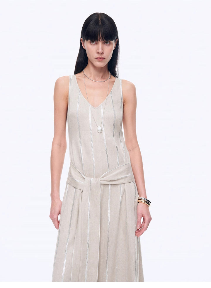 Silver Striped Linen V-Neck Drape Dress"Milan Holiday"