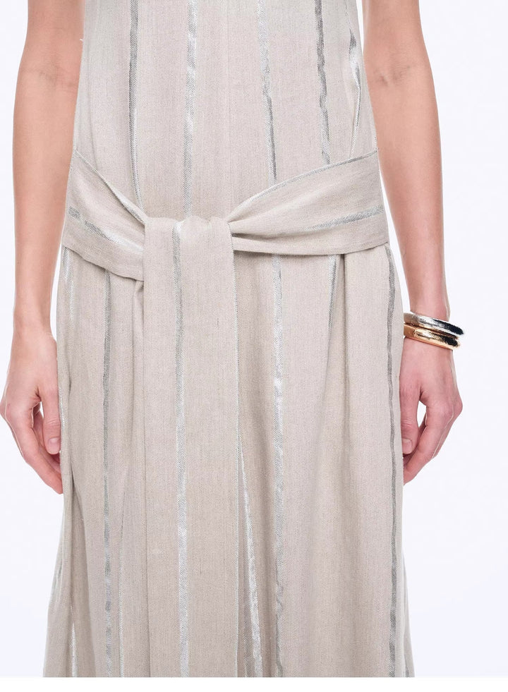 Silver Striped Linen V-Neck Drape Dress"Milan Holiday"