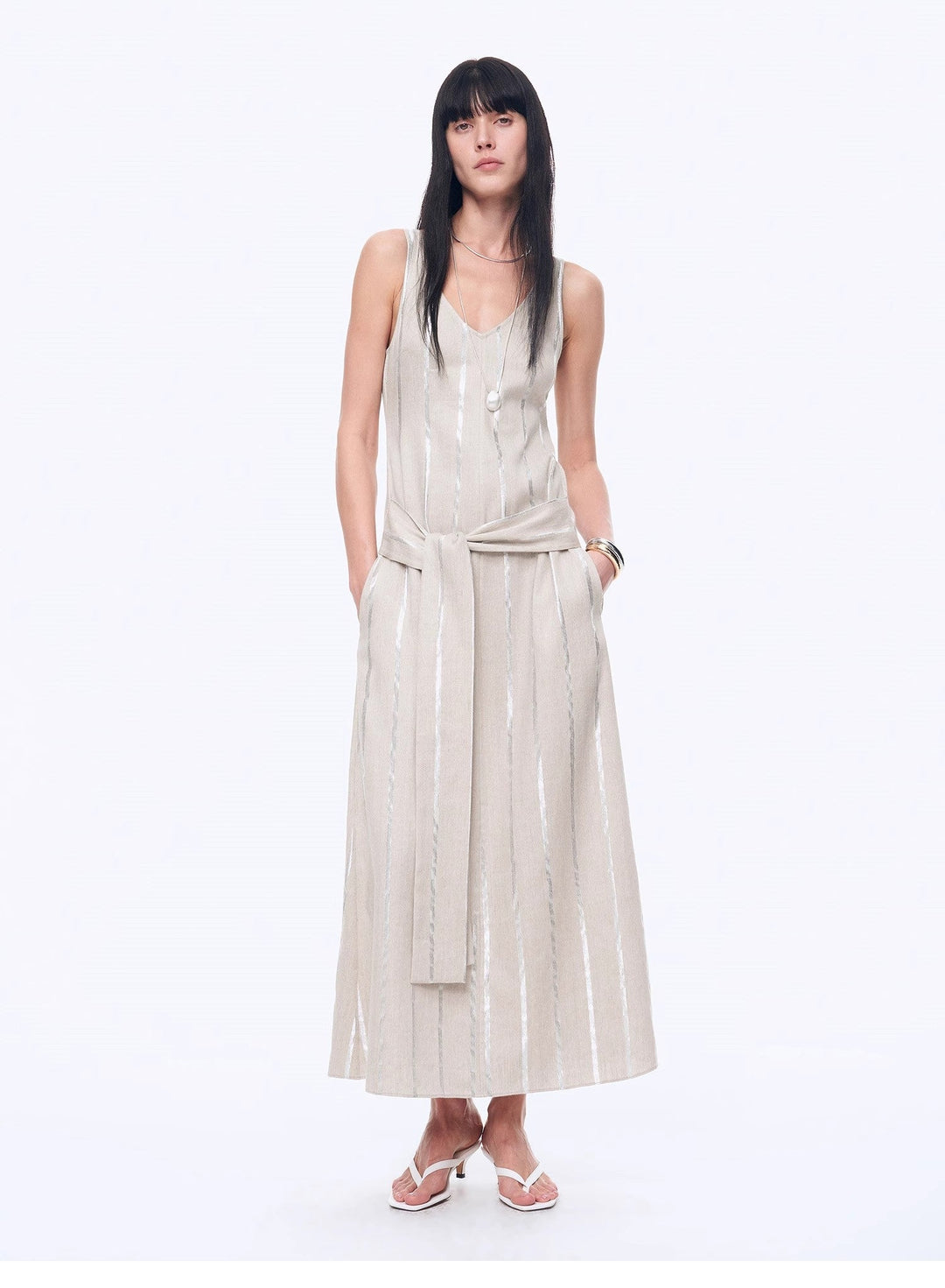 Silver Striped Linen V-Neck Drape Dress"Milan Holiday"