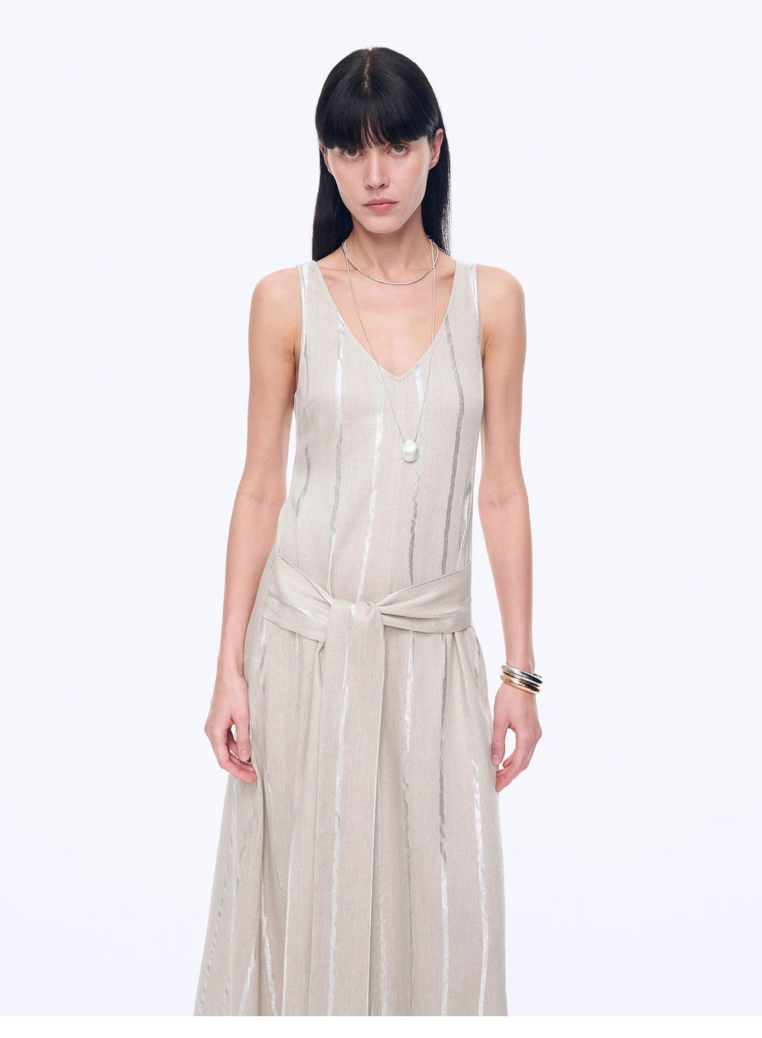 Silver Striped Linen V-Neck Drape Dress"Milan Holiday"