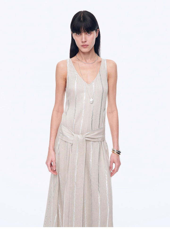 Silver Striped Linen V-Neck Drape Dress"Milan Holiday"