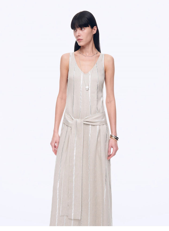 Silver Striped Linen V-Neck Drape Dress"Milan Holiday"