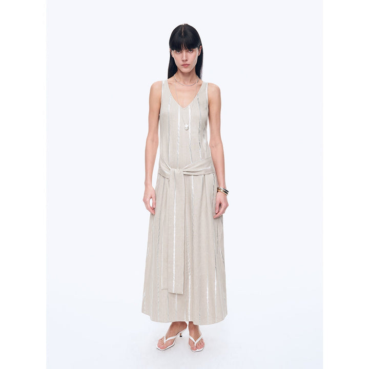 Silver Striped Linen V-Neck Drape Dress"Milan Holiday"