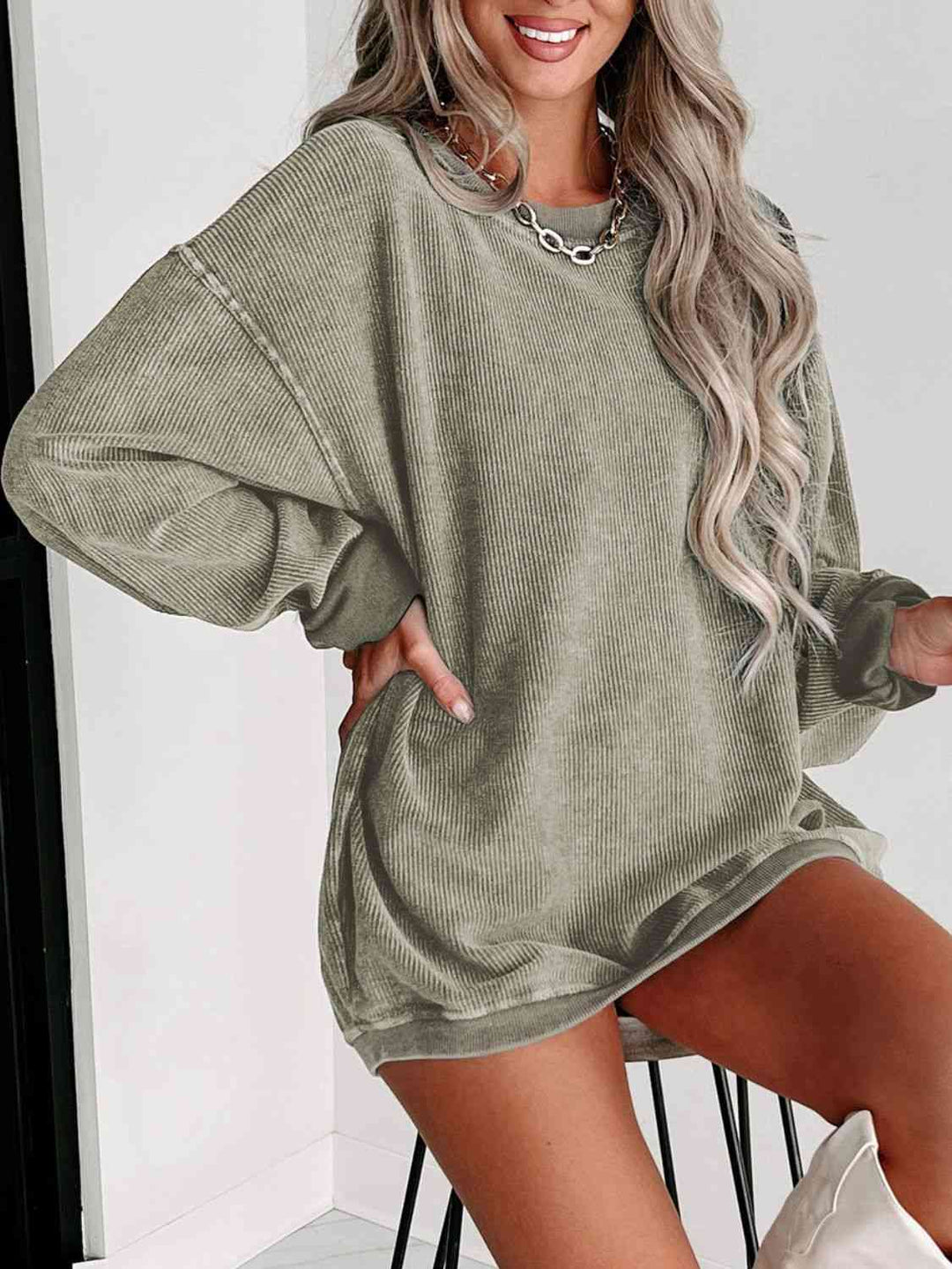 Round Neck Dropped Shoulder Sweatshirt - sweatshirt - Wild Willows Boutique - Massapequa, NY, affordable and fashionable clothing for women of all ages. Bottoms, tops, dresses, intimates, outerwear, sweater, shoes, accessories, jewelry, active wear, and more // Wild Willow Boutique.